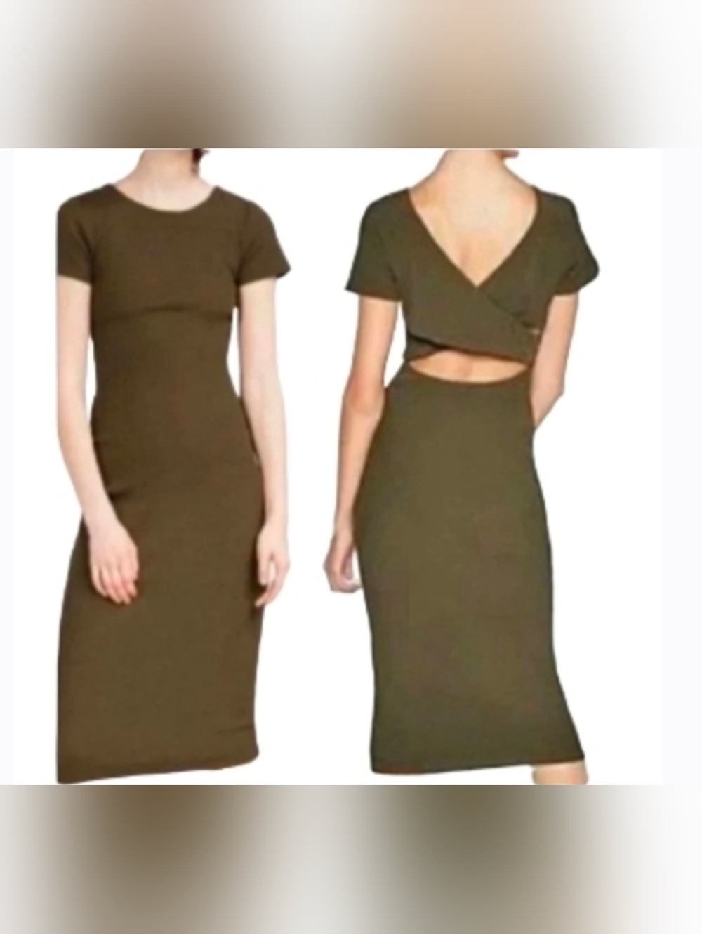 ZARA WOMEN'S ARMY GREEN RIBBED MIDI BODYCON CROSSOVER BACK DETALL DRESS SZ L